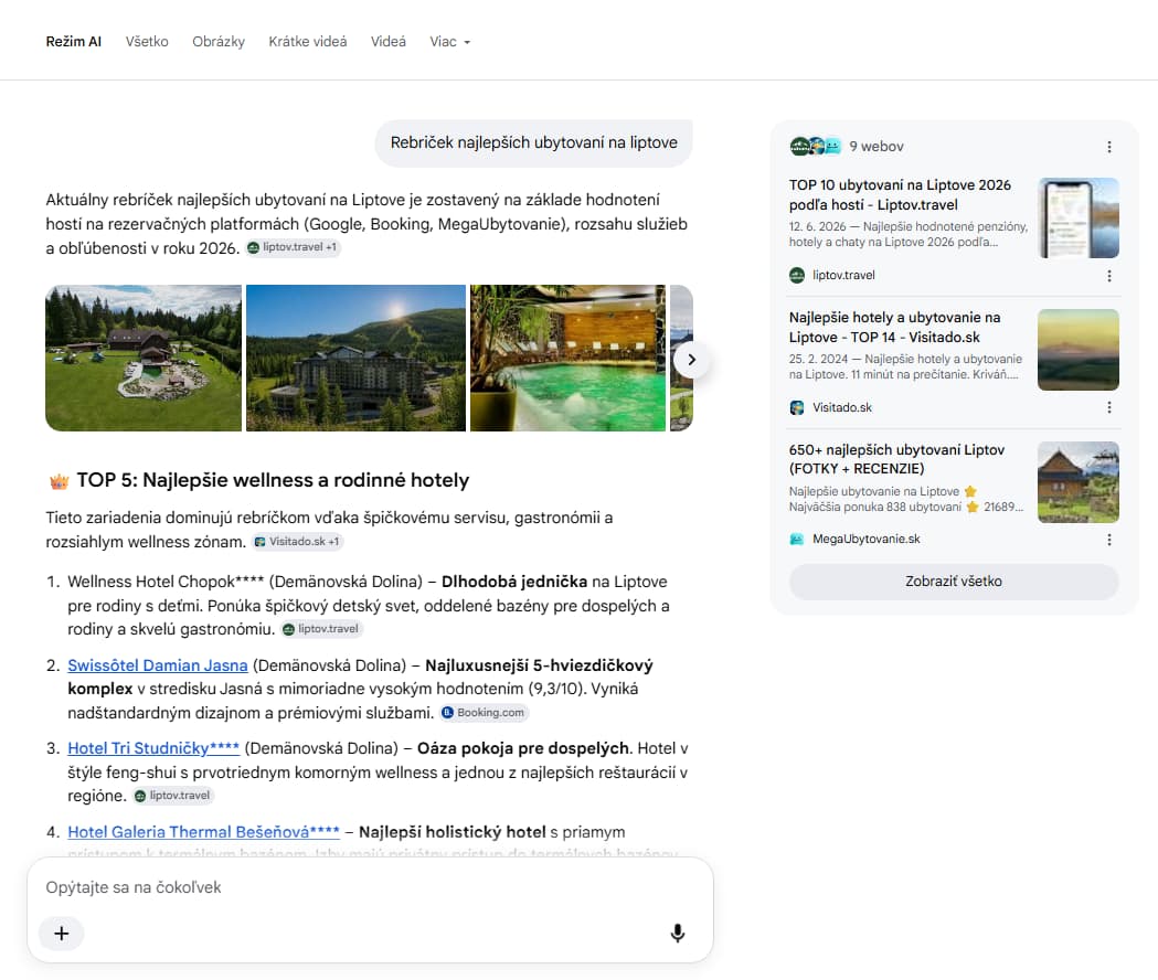 AI Overview cituje článok TOP 10 ubytovaní Liptov 2026 z liptov.travel ako primárny zdroj v odpovedi na rebríček najlepších ubytovaní na Liptove.